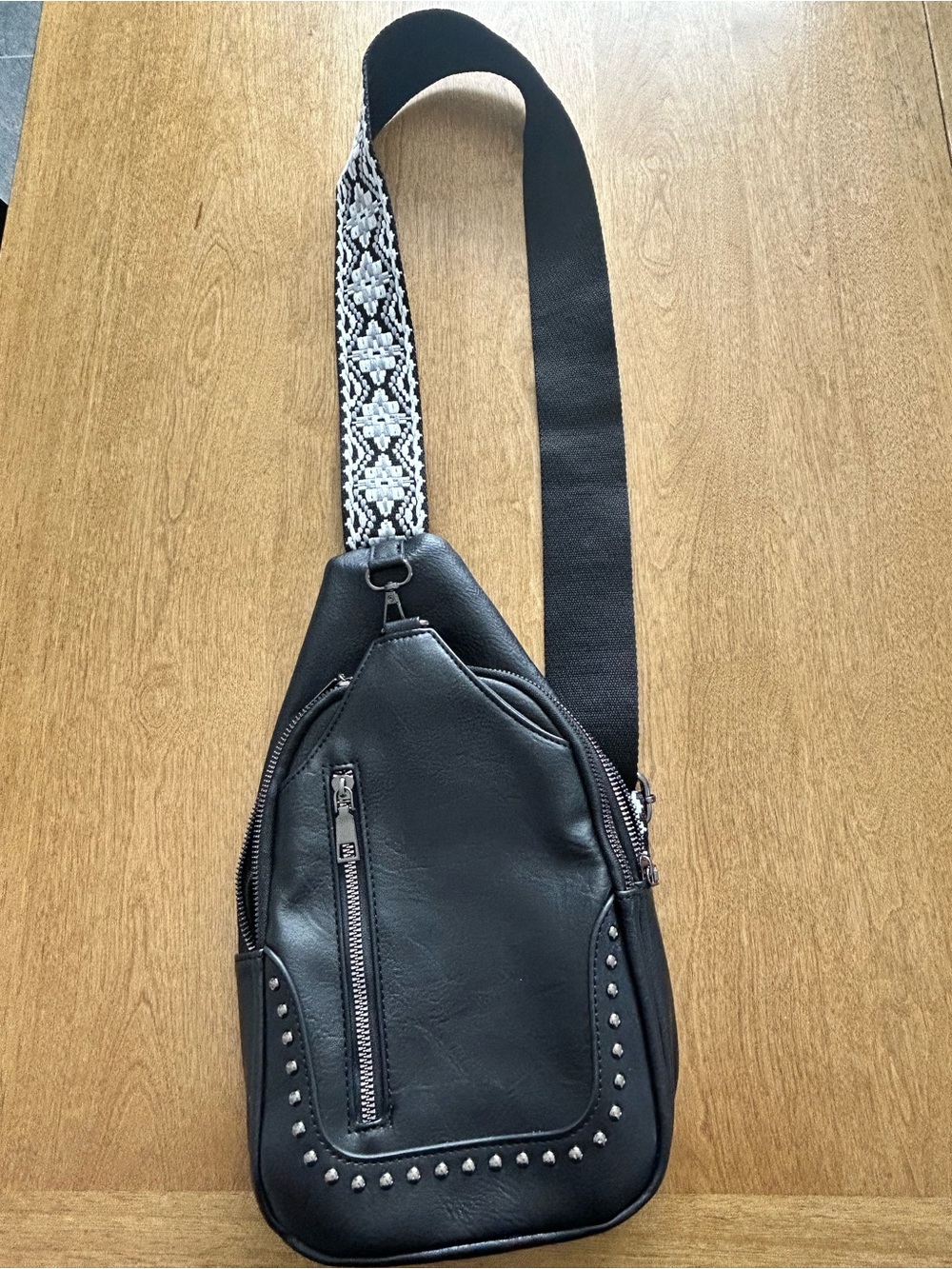 Black Leather Crossbody Sling Bag with Stud Accents